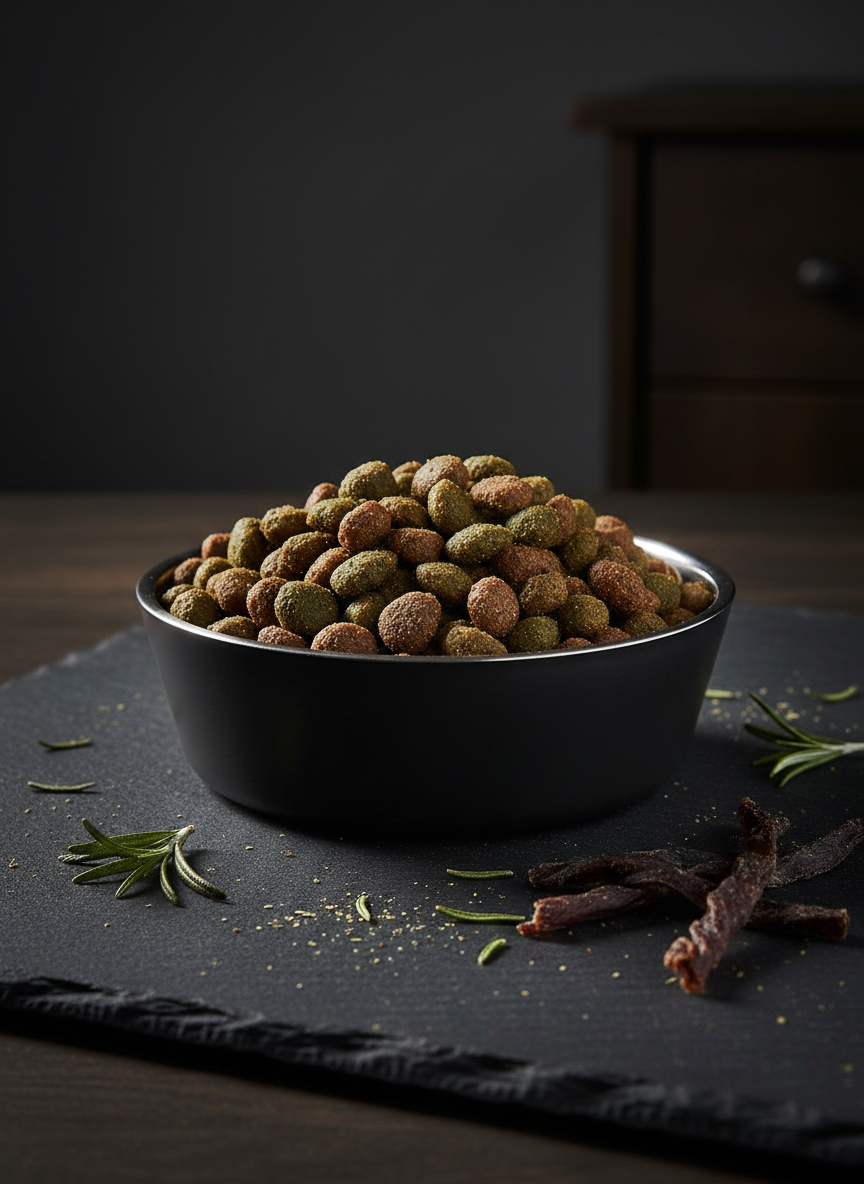 A sleek, matte-black metal pet food bowl filled with richly colored, grain-free kibble shaped like small, rugged stones, each piece dusted with a subtle herbal sheen. The bowl rests on a dark, textured slate surface scattered with shadowy sprigs of rosemary and dried meat strips. Cinematic side lighting from a single, low, tungsten source carves out sharp highlights along the rim and casts long, moody shadows. The background fades into a deep charcoal blur, with only a hint of a wooden cabinet edge. Shot at eye level with shallow depth of field, the scene feels intense and primal, emphasizing natural, holistic nourishment with a dark, modern aesthetic in photographic realism.