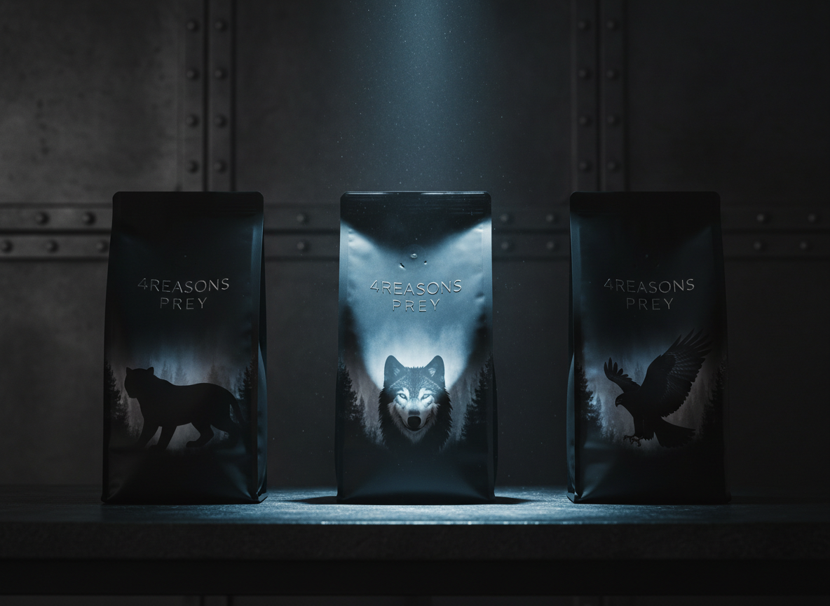 A row of minimalist, matte-black pet food bags labeled “4Reasons Prey” in subtle, silver embossing lined up on a dark concrete counter. Each bag features a shadowy silhouette of a wolf, panther, or hawk emerging from a faint, misty forest backdrop. A single narrow beam of cool, bluish light from above highlights the center bag, leaving the others receding into deep shadow. Fine dust motes hang in the air, catching the light cinematically. The background is an out-of-focus, industrial-style wall of blackened steel. Shot straight-on with a slightly low angle and sharp focus, the composition feels mysterious, premium, and powerfully branded, reinforcing natural, holistic prey-based nutrition in a stark, cinematic realism.