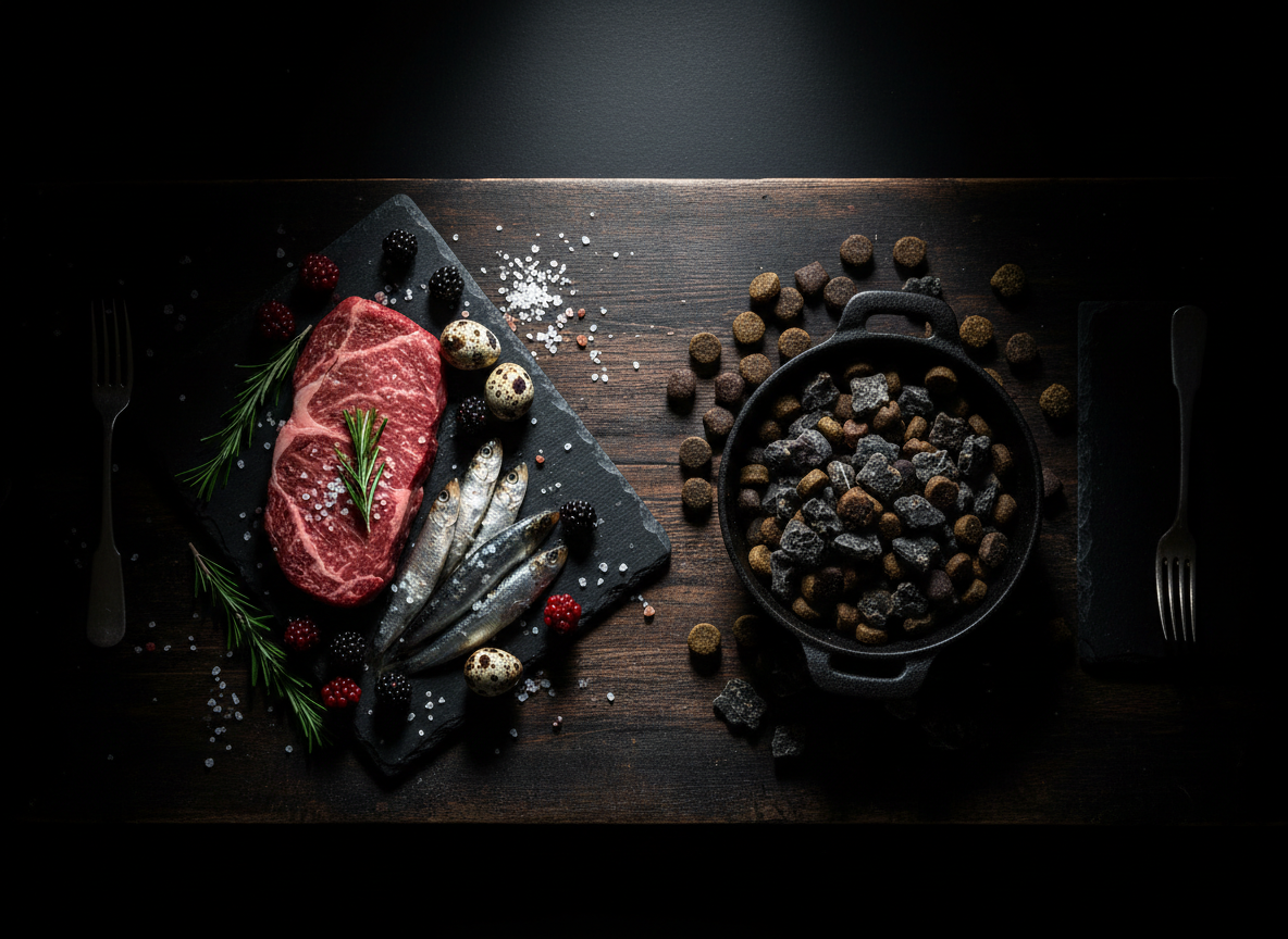 An overhead cinematic shot of a dark wooden table divided into two distinct halves: on one side, vibrant, raw ingredients like crimson meat, glossy sardines, quail eggs, and wild berries; on the other, the same components transformed into dark, jewel-toned holistic pet kibble and freeze-dried chunks in a cast-iron bowl. A single, focused spotlight from above creates dramatic chiaroscuro, emphasizing textures—glistening fat, rough salt crystals, velvety berries. The surrounding space melts into blackness, with only faint silver utensils and a slate cutting board barely visible. The composition uses strong diagonal lines and sharp focus, evoking a ritualistic, alchemical mood that underscores the transformation from nature to perfected prey-based nutrition in cinematic, photographic realism.