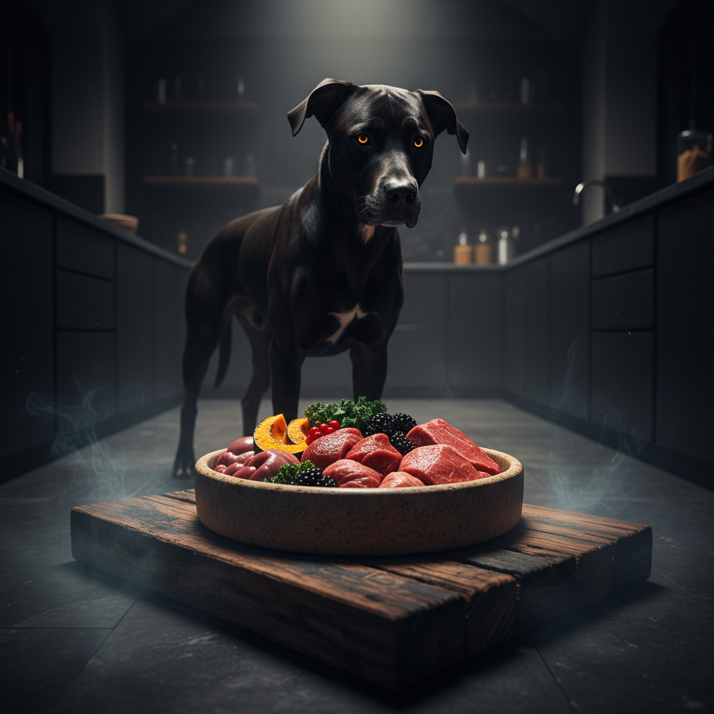 A powerful, midnight-furred dog with gleaming eyes stands over a raw-inspired, holistic meal arranged in a heavy, stoneware dish: chunks of fresh meat, glistening organs, and jewel-toned vegetables like deep orange pumpkin and dark leafy greens. The dish sits on a burned-wood plank, its charred grain visible. Dim, cinematic overhead lighting creates dramatic contrast, pooling light over the food and leaving the dog’s form partially silhouetted, emphasizing its predatory elegance. Wisps of cool mist curl near the floor, and the background is a blurred, cavernous kitchen with black cabinetry. Captured from a low-angle, three-quarter view, the mood is primal, bold, and reverent toward nature’s raw nutrition in a hyper-realistic, cinematic style.